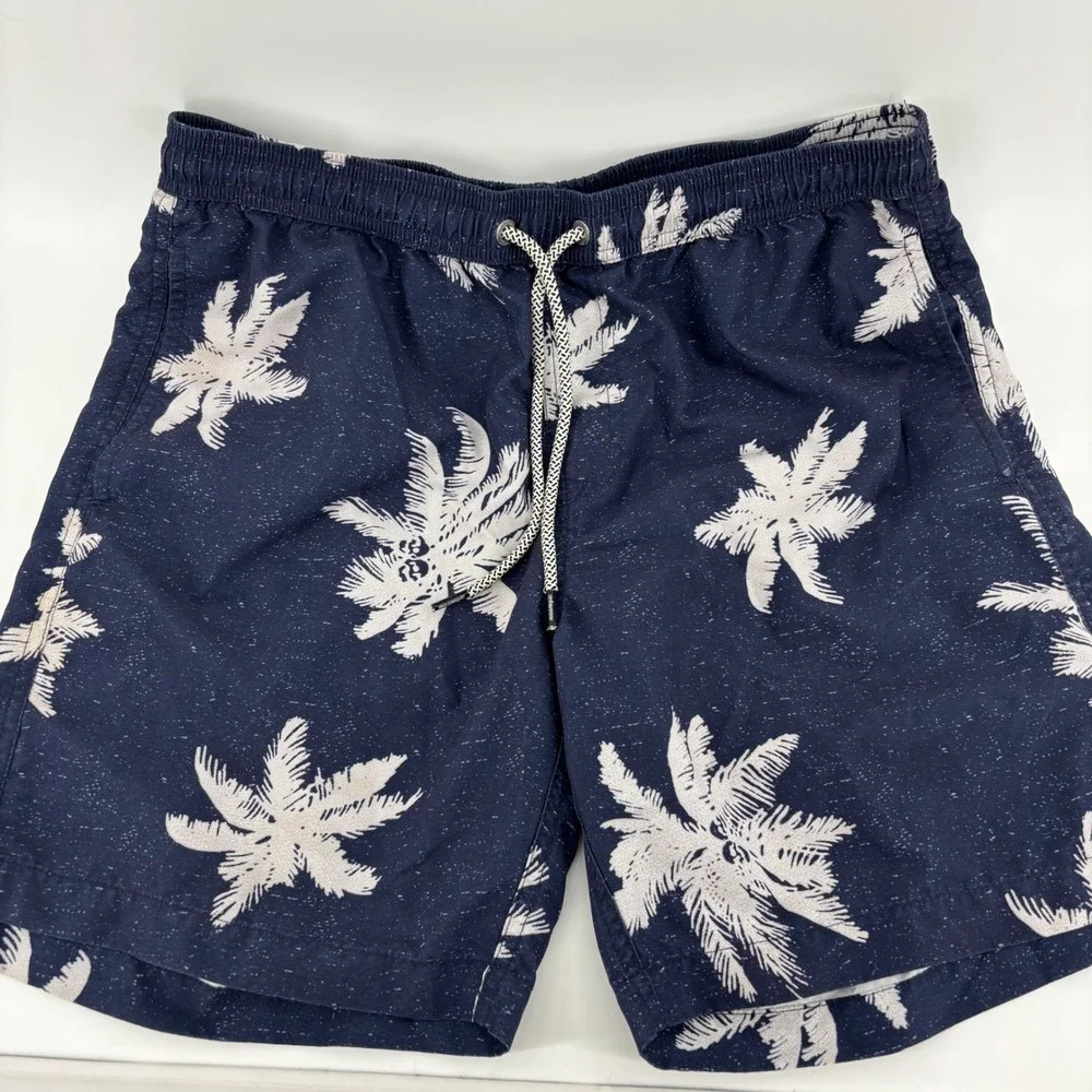 Maamgic Swim‎ Trunks Mens Medium Navy Blue Excellent Palm Tree Print 7in Inseam